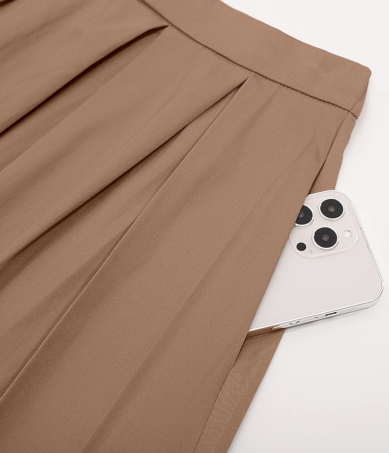 Tandisk A-Line Pleated Vintage Skirts with Pockets for Women Khaki S - Image 3